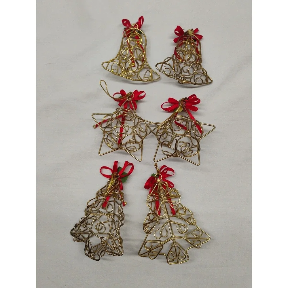 6pc Metal Tree & Star Christmas Ornaments Rustic Cottage‎ Vintage Gold Tone